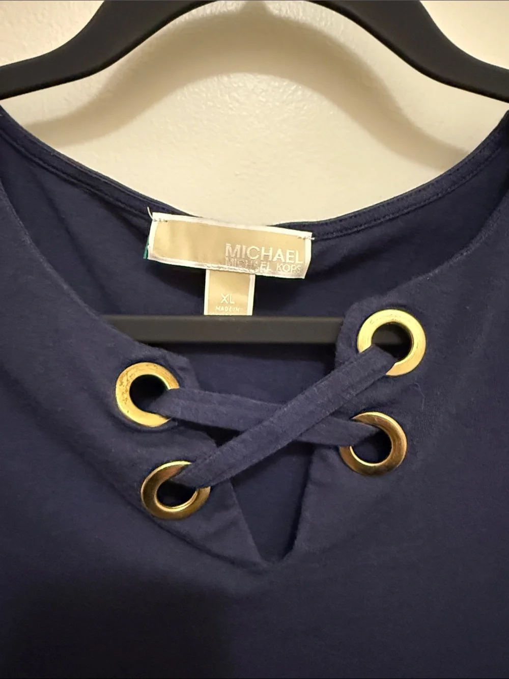 Michael Kors Navy Short Sleeve Lace-Up Top with Gold Eyelets